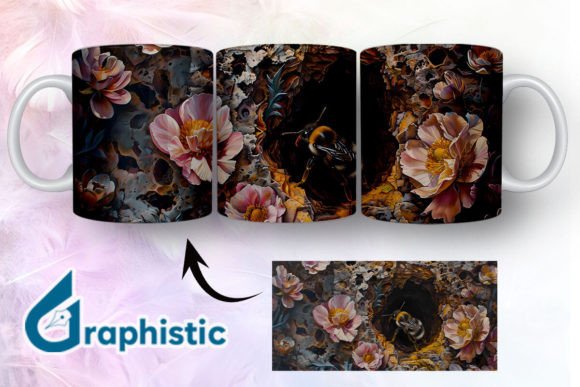 Bee Floral Break Through Mug Wrap 02 - Graphics & Illustrations