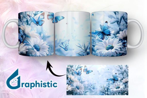 Blue Floral Butterfly Mug Wrap 04 - A Versatile Graphic Design Asset