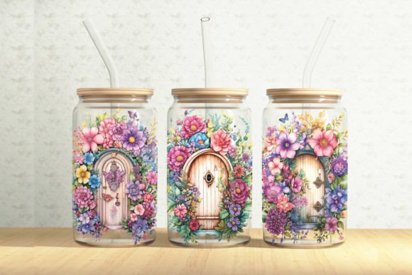 Floral Fairy Door 16oz Glass Can Wrap - A Graphic Design Asset for Creative Sellers