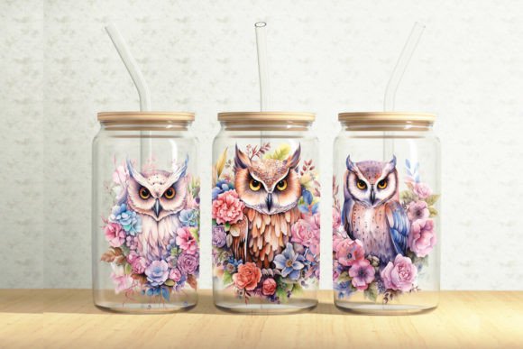Floral Owls 16oz Glass Can Wrap Graphics