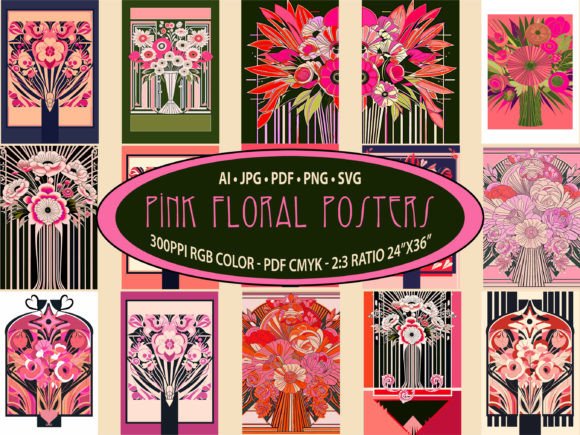 Pink Floral Prints, Art Deco Bouquet SVG for Modern Graphics